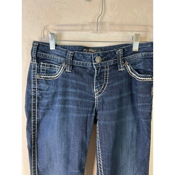 Women Silver Frances Jean Y2K 90s Dark Wash White Stitching Sz W28/L33 - Picture 2 of 8